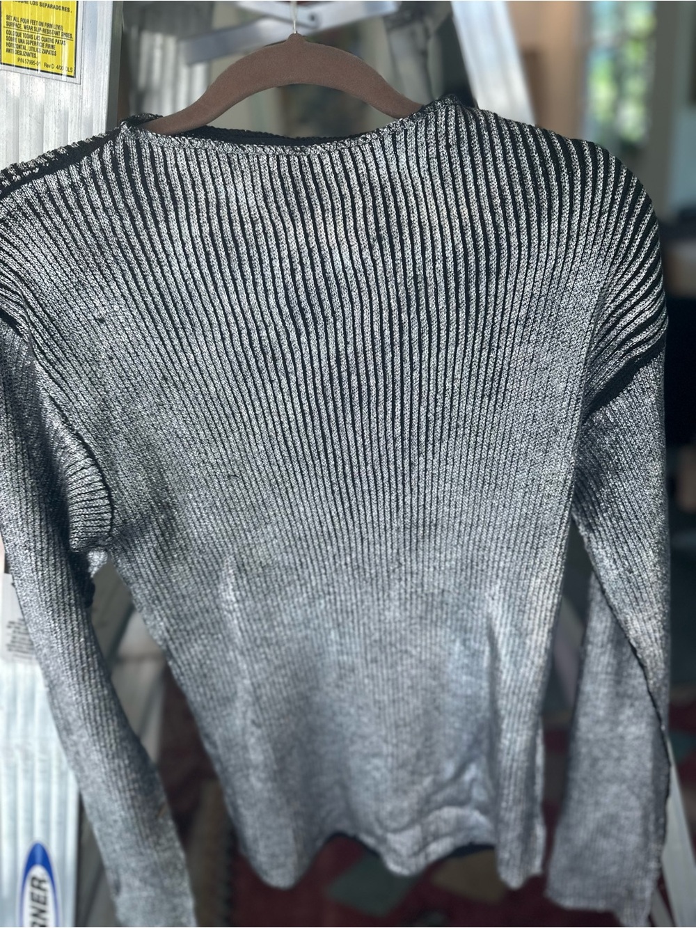 Ribbed Metallic-Effect Crewneck Sweater - Silver